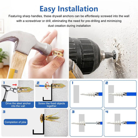 Do It All 170Pcs Drywall Anchors And Screws Kit showing installation steps with hammer and drill for picture hanging