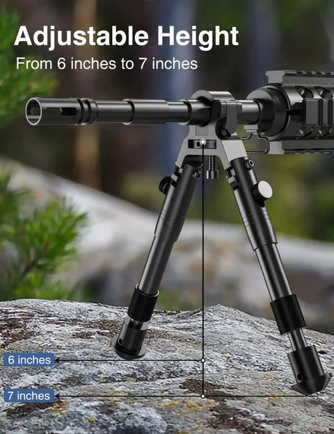 Clamp On Rifle Bipod With Quick Release, Adjustable Width Fits Barrels From 11mm To 19mm, showing adjustable height 6 to 7 inches