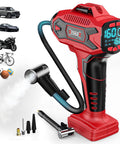 Cordless Tire Inflator With Digital Pressure Gauge showing compatibility with cars, motorcycles, bikes, and balls, red design