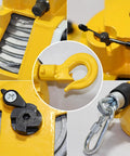 Retractable Spring Balancer Tool Holder 1.5m Long With Hook And Wire Rope, Adjustable Balancer Retractor For Hanging Tools, Heavy Duty Alloy Steel, 50 To 60 Kg Capacity, Yellow Garage Ready close-up of hook and wire rope