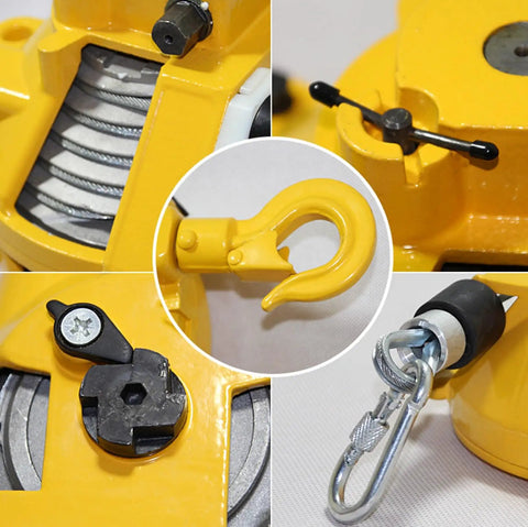 Retractable Spring Balancer Tool Holder 1.5m Long With Hook And Wire Rope, Adjustable Balancer Retractor For Hanging Tools, Heavy Duty Alloy Steel, 50 To 60 Kg Capacity, Yellow Garage Ready close-up of hook and wire rope