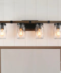 Rustic Farmhouse Vanity Light With Mason Jar Glass Shades Four Light Wall Sconces Faux Wood Finish 29 Inch Bathroom Lighting