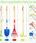 Image of 4 long kids garden tools from the 8 Piece Kids Garden Tool Set with real wood handles and steel heads. Includes hoe, shovel, rake, and leaf rake.