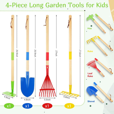 Image of 4 long kids garden tools from the 8 Piece Kids Garden Tool Set with real wood handles and steel heads. Includes hoe, shovel, rake, and leaf rake.