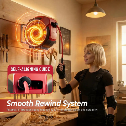 Hella Tough Retractable Air Hose Reel For Garage And Workshop 50 Foot auto rewind with smooth rewind system mounted on wall.