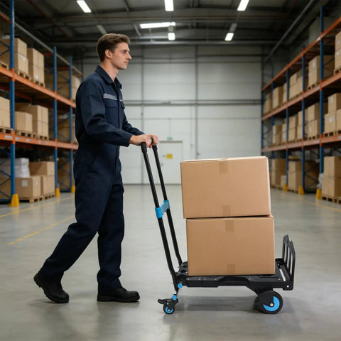 Warehouse worker moving boxes with Two In One Folding Hand Truck Dolly Workhorse With Four Quiet TPR Wheels And 3 Level Adjustable Handle For Luggage Travel Office Moving Camping Outdoor Use Black Blue