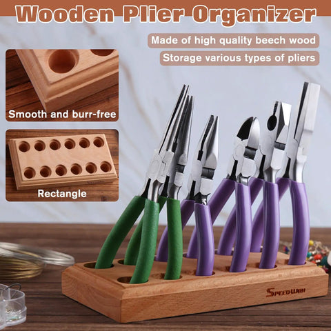 Wood Pliers Block Organizer for the Bench Fits 6 Pairs in a 12 Hole Pliers Rack made of beech wood with tools visible