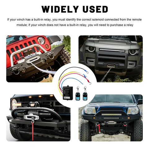 Vcyopn 12V 24V Wireless Winch Remote Control Kit, Dual Handset Switches With 98 Ft Range shown on various trucks and ATVs.