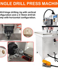 Heavy-Duty Pneumatic Hinge Boring And Drilling Machine For Woodworking Vertical And Horizontal Drill Press With Adjustable Depth 110V Electric Hole Puncher Supports 3-16mm Bits Precision Push Button Control showing machine details.