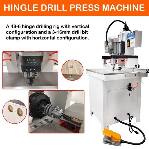 Heavy-Duty Pneumatic Hinge Boring And Drilling Machine For Woodworking Vertical And Horizontal Drill Press With Adjustable Depth 110V Electric Hole Puncher Supports 3-16mm Bits Precision Push Button Control showing machine details.