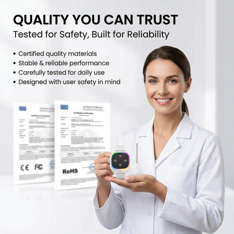 Wireless Bedwetting Alarm Wearable Enuresis Tracker For Kids Teens And Adults, Smart Night Alarm With Three Alert Modes Sound Vibration And Light, Anti Loss Tracking, 20 Day Standby, Keeps Your Nighttime Routine On Track. Woman holding wearable wrist alarm with sensor and certifications