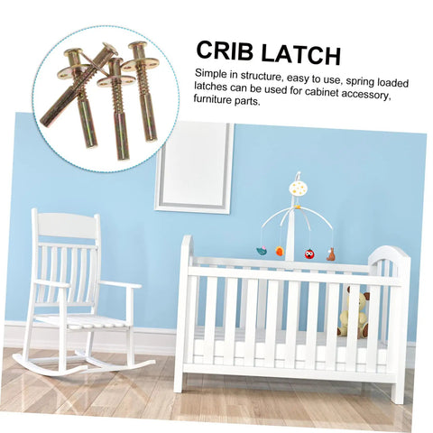 4 Pack Spring Loaded Latch Kit for Crib and Bed Rails with easy installation shown with crib and toys
