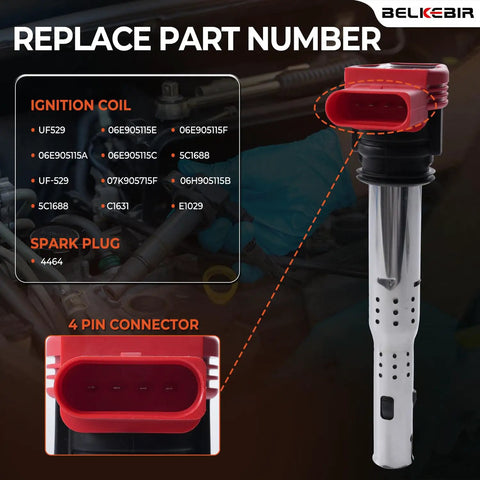 Close-up of ignition coil part number UF529 and spark plug 4464 for 2.0L Audi VW engines, highlighting 4-pin connector