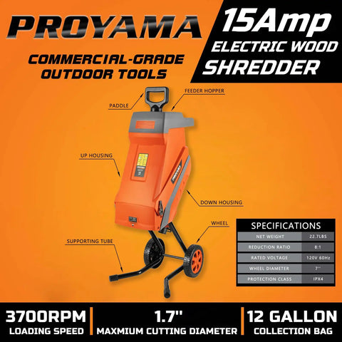 15 Amp Electric Wood Chipper Shredder With Collection Bag And Push Stick, Double Sided Blade System, Auto Shut Off, 1.7 Inch Cutting Capacity For Leaves Grass Clippings, Easy Roll On Wheels For Yard Cleanup
