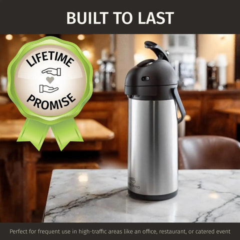 Insulated Stainless Steel Airpot Carafe With Pump 102oz 3L for Parties on a marble table in a café setting