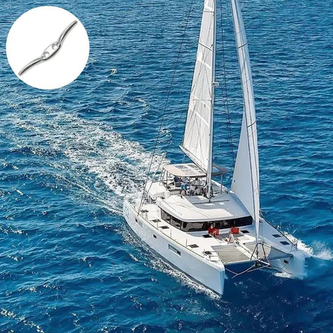 Sailing boat on water with overlay of Six Pack Stainless Steel Marine Rope Cleats And Blinds Cord Cleats and hook.