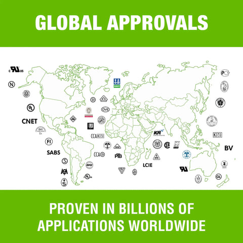 World map showing global approvals and certification logos for products, highlighting international recognition.