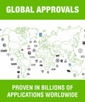 Global certifications map for Lever Nut Wire Connector Set 50 Pack 221 Series Compact Splicing Connectors with worldwide approvals.