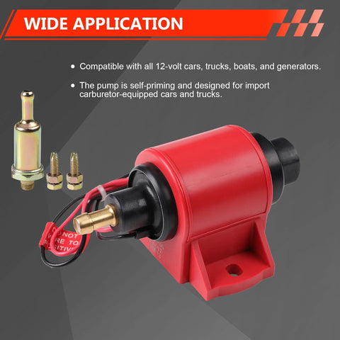 Beefy 12V Fuel Pump Delivers Five To Nine PSI At Thirty Five GPH For Gasoline And Diesel Engines with fittings, front view