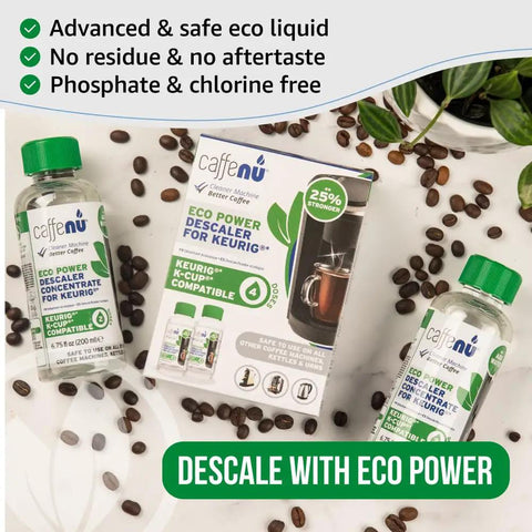 Descaling Kit For Pod Coffee Makers, Two Bottles Of Descaler Solution, Removes Limescale For Hotter Coffee, Extends Your Coffee Maker Life, Four Uses Per Bottle, No Fuss At Home Maintenance, eco-friendly packaging with coffee beans