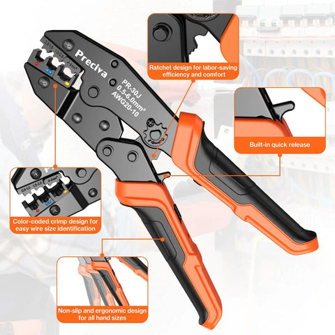 Pro Grade Ratchet Crimping Tool Kit For Insulated Terminals And Wire Connectors AWG20-10 0.5-6mm2 ergonomic design