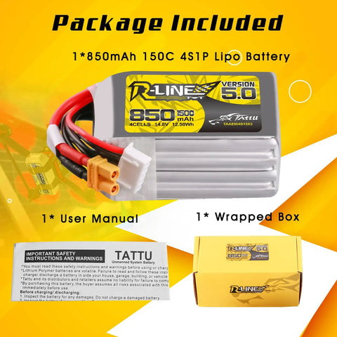 R-Line Version 5.0 4S 14.8V 850mAh LiPo Battery Pack 150C Discharge With XT30 Plug next to manual and box