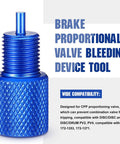 Solid Aluminum Two Piece Brake Proportioning Valve Bleeder Tool Kit For Disc And Drum Systems With Pv2 Pv4 Shuttle Valve Compatibility close-up of blue bleeding device tool.