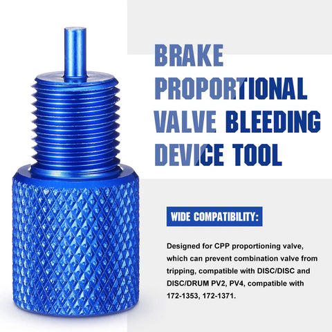 Solid Aluminum Two Piece Brake Proportioning Valve Bleeder Tool Kit For Disc And Drum Systems With Pv2 Pv4 Shuttle Valve Compatibility close-up of blue bleeding device tool.