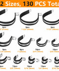 Visual of 130Pcs Cable Clamp Kit With 12 Sizes In 304 Stainless Steel And Rubber Cushions, showing various clamp sizes labeled in millimeters.