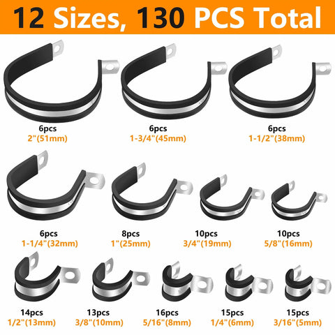 Visual of 130Pcs Cable Clamp Kit With 12 Sizes In 304 Stainless Steel And Rubber Cushions, showing various clamp sizes labeled in millimeters.