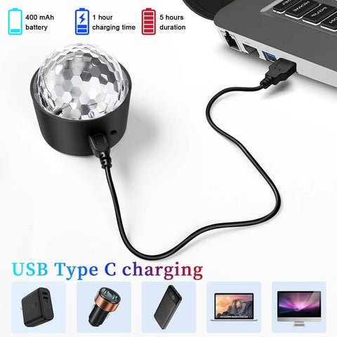 Mini Disco Ball Light Rechargeable Party LED Lamp With Sound Activated Strobe DJ Mode charging via USB on laptop