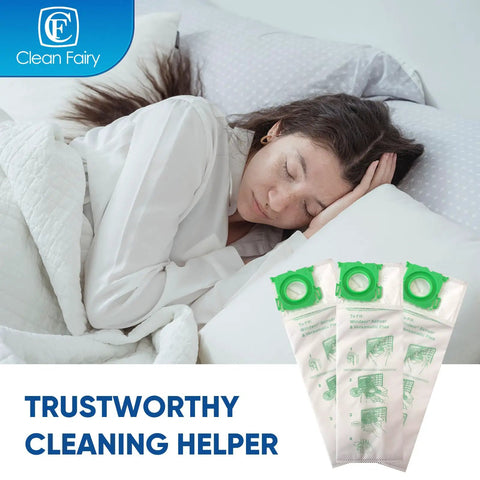 Pro Grade No Fuss Micro Synthetic Vacuum Filter Bags Replacement 12 Pack Set displayed with sleeping woman.