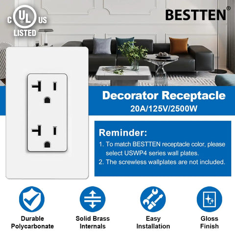 10 Pack Decorator Wall Receptacle Outlet 20 Amp 125V 2500W Non Tamper Resistant UL Listed White For Residential And Commercial Use