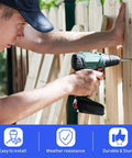 Person using a drill on a wooden fence with icons describing easy installation, weather resistance, and durability.