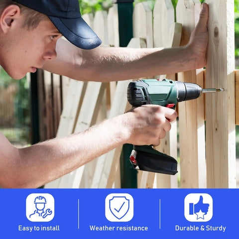 Person using a drill on a wooden fence with icons describing easy installation, weather resistance, and durability.