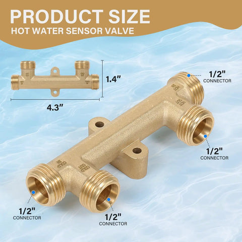 Solid Brass Sensor Valve Upgrade For Instant Hot Water Recirculation Replace Watts Premier 367010 Compatible With Grundfos Pump Systems, 1/2 inch fittings, 4.3" length, 1.4" height.
