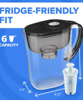 Compact 6 Cup Water Filter Pitcher with Plus Filter, Metro Black, reduces chlorine and contaminants, dimensions visible