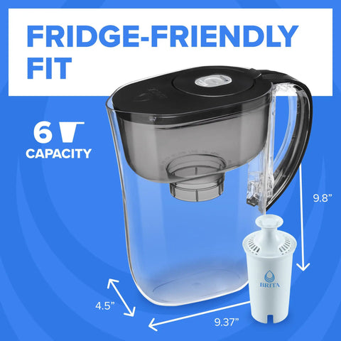 Compact 6 Cup Water Filter Pitcher with Plus Filter, Metro Black, reduces chlorine and contaminants, dimensions visible