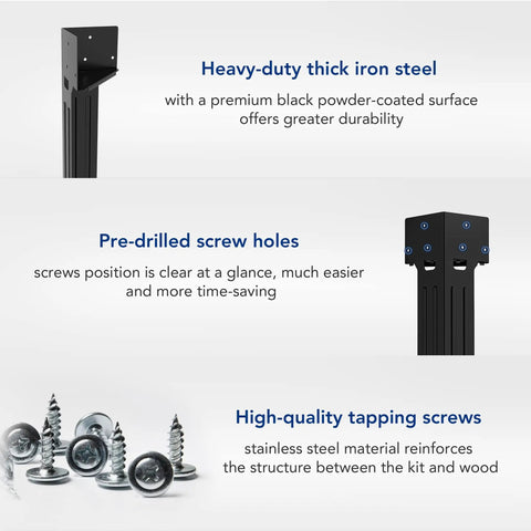 Steel Workbench Kit With 5 Steel Legs And Shelf Brackets, black coated steel, pre-drilled holes, high-quality screws shown
