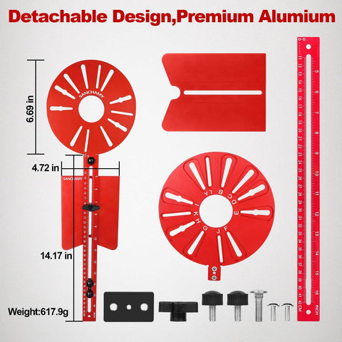 5 In 1 Router Circle Cutting Jig For Cutting And Routing Circles And Grooves, Easy To Use Multi Function Aluminum Jig For Straight And Round Edge Profiles, Adjustable Guide For Woodworking Edging Projects laid out with dimensions