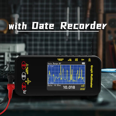 Pro Grade 20000 Counts Digital Multimeter with Data Recorder and Smart Mode on workbench, displaying electrical data