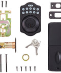Rock Solid Electronic Keypad Deadbolt With Touch Control Keyless Entry And Fast Auto Relock In Classic Matte Black components including keypad, cylinder, keys, and fittings.