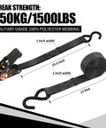 Heavy Duty Ratchet Tie Down Straps One Inch By Fifteen Feet showing the polyester webbing and hooks, ideal for securing cargo.