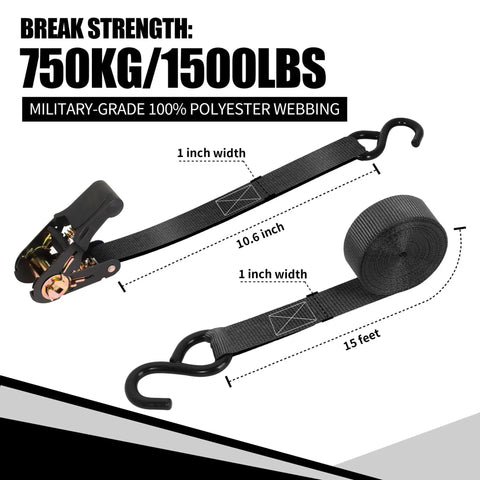 Heavy Duty Ratchet Tie Down Straps One Inch By Fifteen Feet showing the polyester webbing and hooks, ideal for securing cargo.