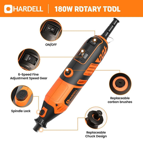 HARDELL rotary tool kit, 180W corded, orange/black, 6-speed dial with 61 accessories (8000-35000 RPM)