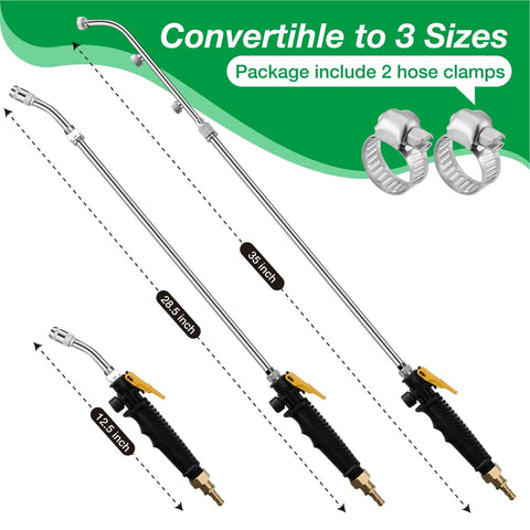Sprayer Wand Kit With Three Nozzle Types Adjustable Stainless Steel Fan And 3 Hole Nozzles Brass Barb Fittings For 1 Quarter Inch Hoses Two Hose Clamps Durable Plastic Handle For Easy Garden Lawn And Patio Spraying showing wand sizes 12.5 to 35 inches