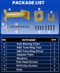 Package list showing components of Rear Axle Bearing Puller And Install Tool Kit With 40mm Bearing Driver And Adapter Plate
