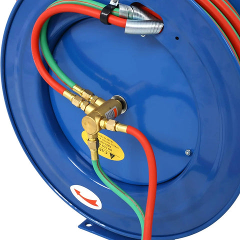 Retractable Welding Hose Reel With One Quarter Inch By One Hundred Feet Twin Oxygen Acetylene Hoses, steel construction.