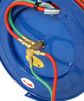 Close-up of Retractable Welding Hose Reel 100 Foot Oxygen And Acetylene Twin Line With Beefy Steel Frame in blue.