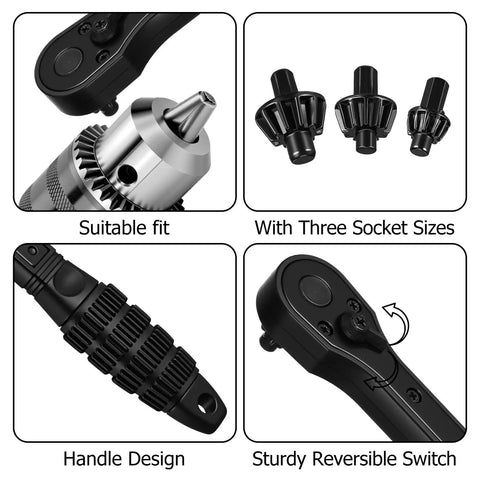 Smooth Operator 2 In 1 Drill Chuck Ratchet Spanner Universal Chuck Key Replacement Wrench detail showing handle design and socket sizes.